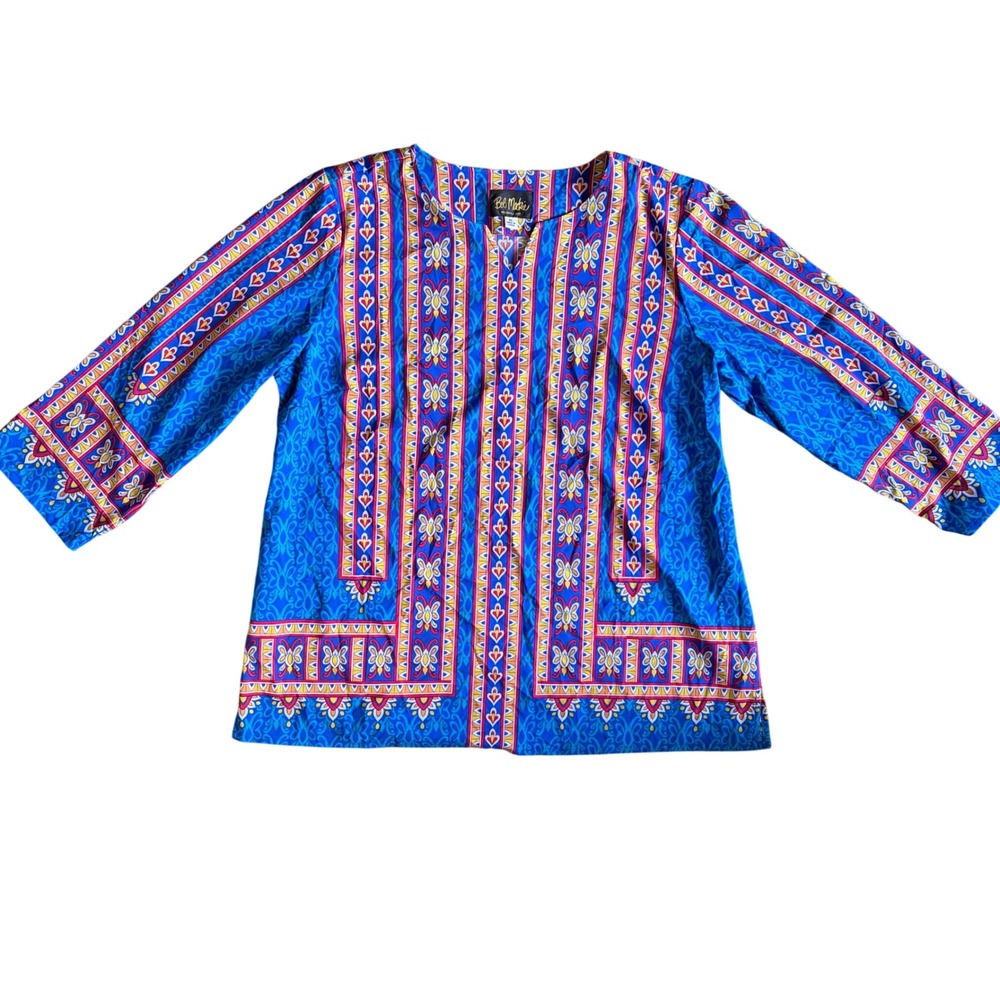 Bob Mackie Wearable Art Blue Multi Geometric Butterfly Print Tunic Top XL